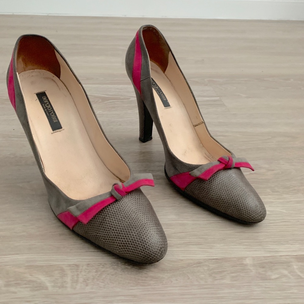 Sergio Rossi Grey Pink Bow Toe Heels - Picture 3 of 9